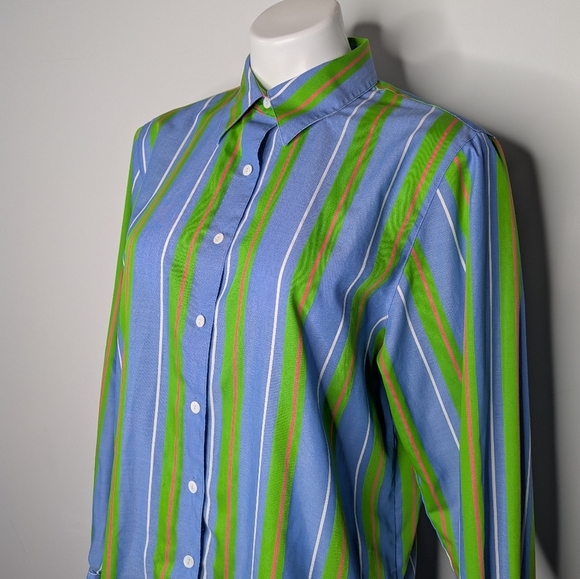 Foxcroft Blue Green Striped Long Sleeve Cotton Blend Button Up 12 - Picture 2 of 8